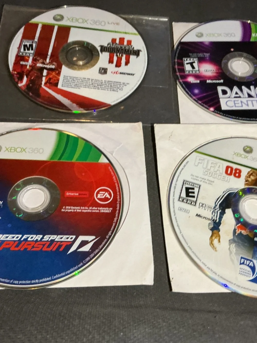 Need For Speed hot pursuit&FIFA 08&Dance Central&Unreal Tournament 3  Xbox 360